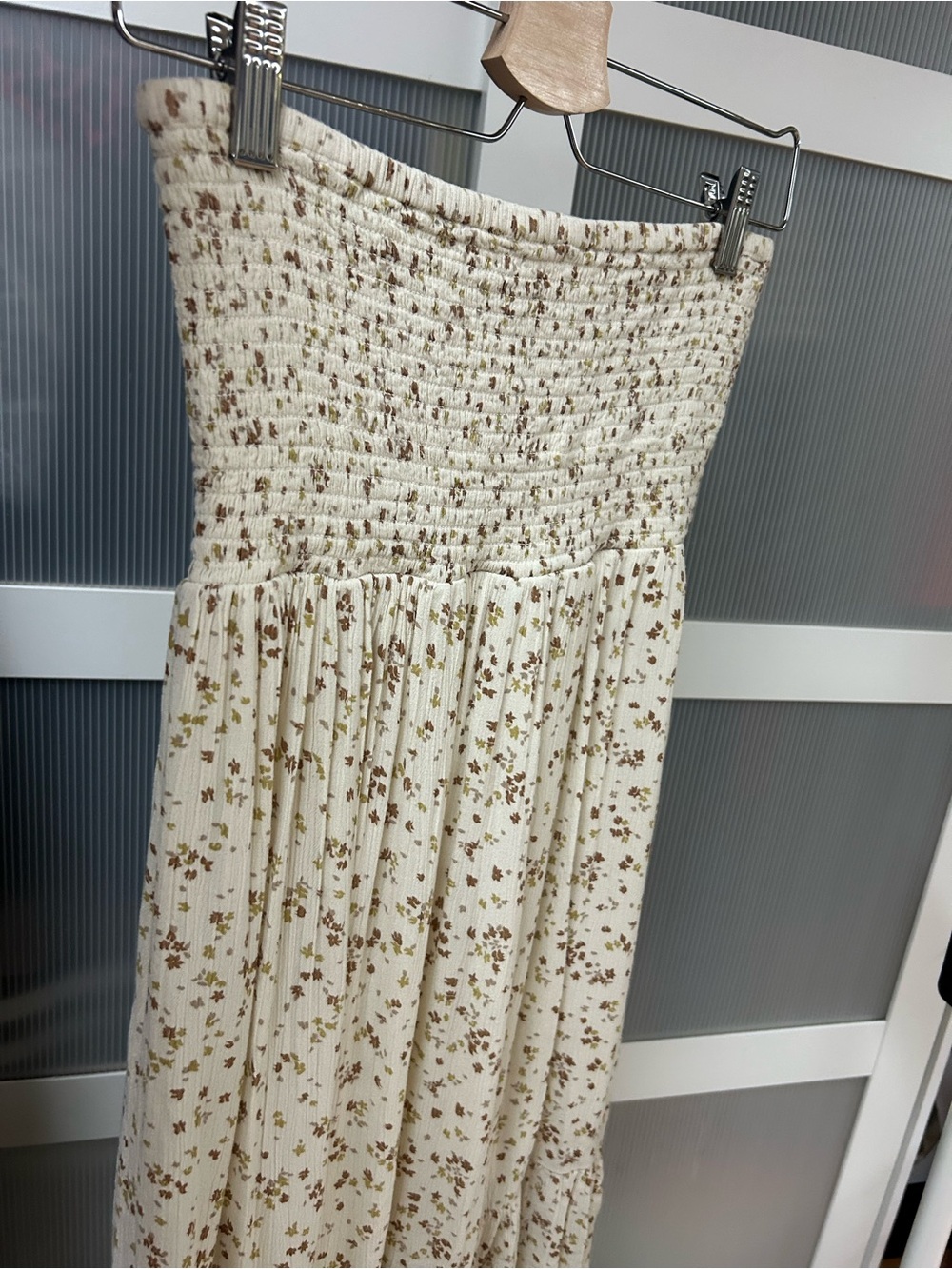 OAK + FORT Cream Smocked Strapless Dress with Brown Floral Print